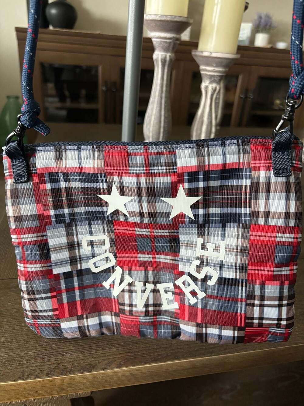 Converse Crossbody Bag in Plaid Print with Mesh Front Pocket